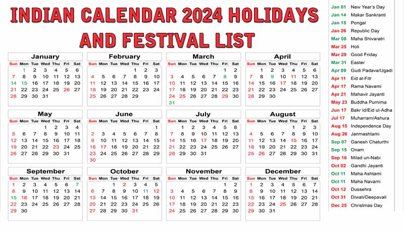 Indian Calendar 2024 Holidays and Festival List Hindi | सन 2024 में पड़ने वाले व्रत-त्योहारोंऔर अवकाशों की सूची